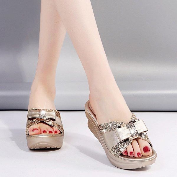 

sequin platform wedge slippers women glitter open toe elegant thick sole slides summer chunky gold gray, Black