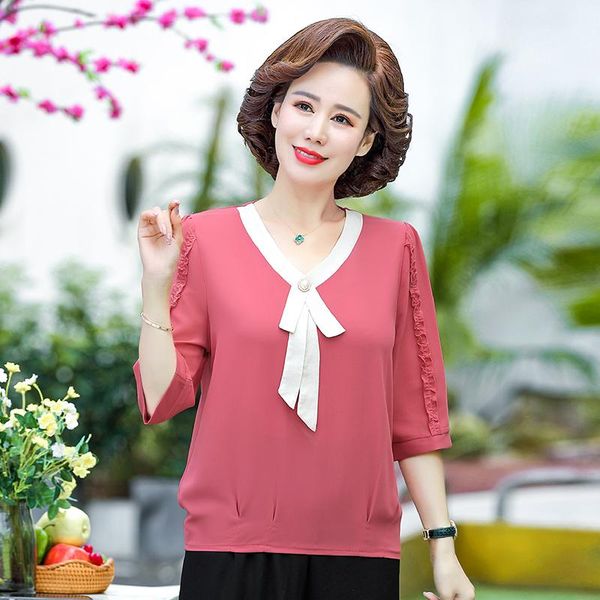

women's blouses & shirts fashion red blue office lady workwear summer half sleeve chiffon blouse female elegant tie v-neck 5xl, White