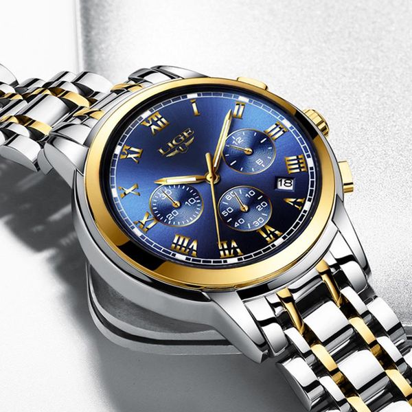 

wristwatches lige mens watches waterproof 24 hours date quartz watch stainless steel sport clock, Slivery;brown