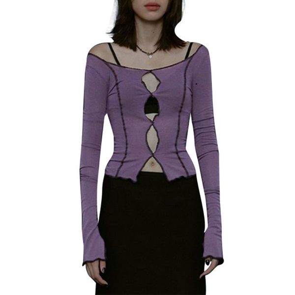 

women's t-shirt women autumn long sleeve off shoulder hollow out slit hem solid color casual slim fit cover up pullover, White