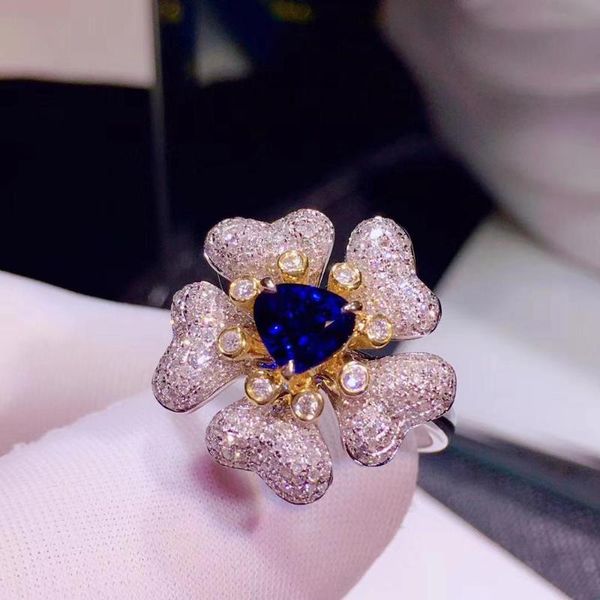 

blue sapphire ring 1.05ct real pure 18 k natural unheat royal gemstone diamonds stone female cluster rings, Golden;silver