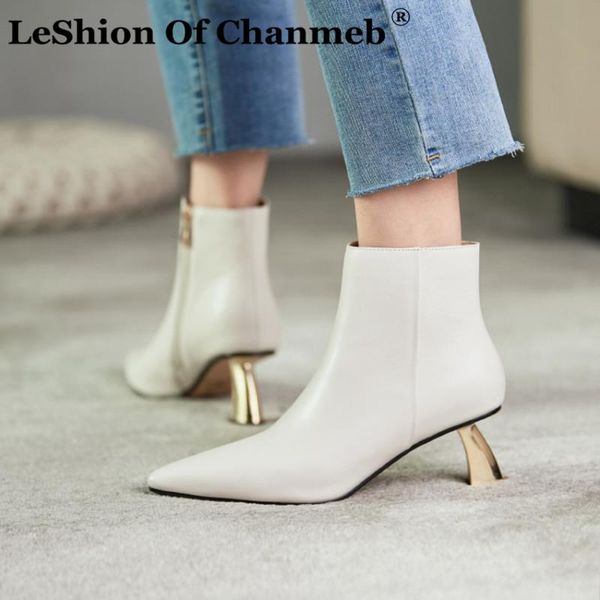 

boots leshion of chanmeb fashion brand designer women strange heels genuine leather ankle beige black shoes size 33-43