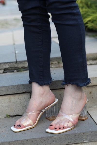 

white transparent strappy heels slippers, Black