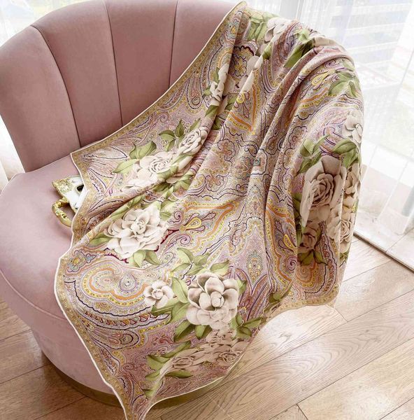 

new fashion camellia flower printed scarf 30%silk+70shmere retro large square scarf, Blue;gray