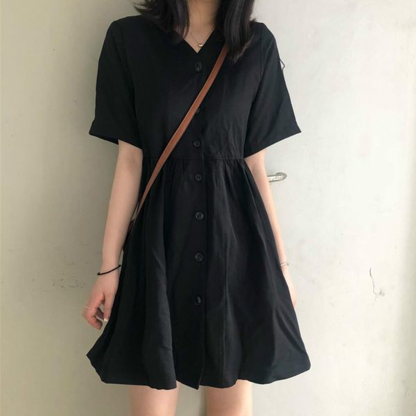 Camicia nera da donna Abito da donna Harajuku A-line con scollo a V Vestidos Estate Nuova moda Casual Allentato Hot Simple Abiti di base 210422