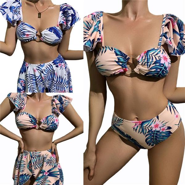 

women's swimwear flower leaves printing bikini short sleeve briefs skirt swimsuit classic bare midriff three-pieces set biquini, White;black