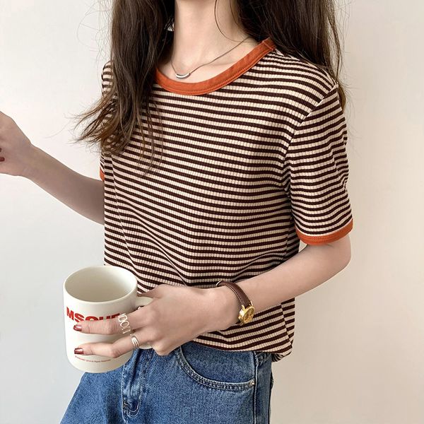 

matakawa summer basic chic woman tshirts vintage hit color striped t-shirt women bottoming t shirt short-sleeved 210513, Blue