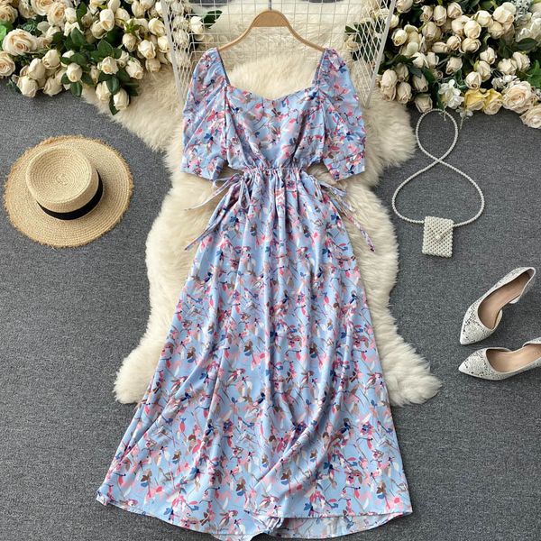 

singreiny boho floral dress women korean retro square collar puff sleeve a-line dresses summer casual vacation print beach dress 210419, Black;gray