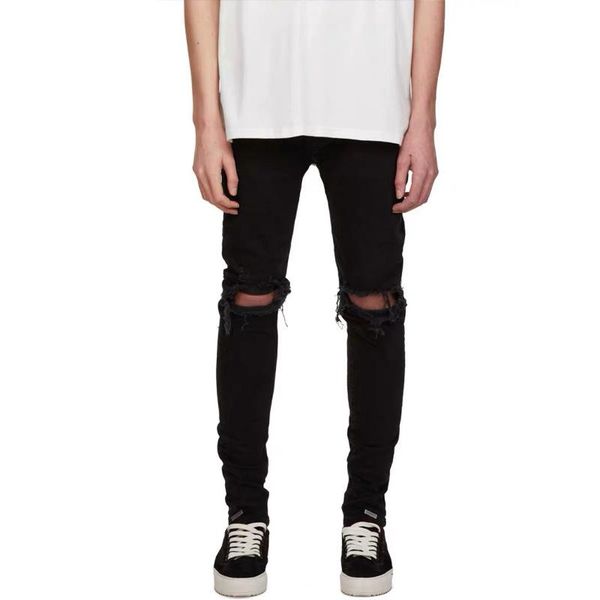 

men's pants brand high street represent ripped jeans cut torn slim stretch beam sweatpants washed streetwear casual trousers, Black
