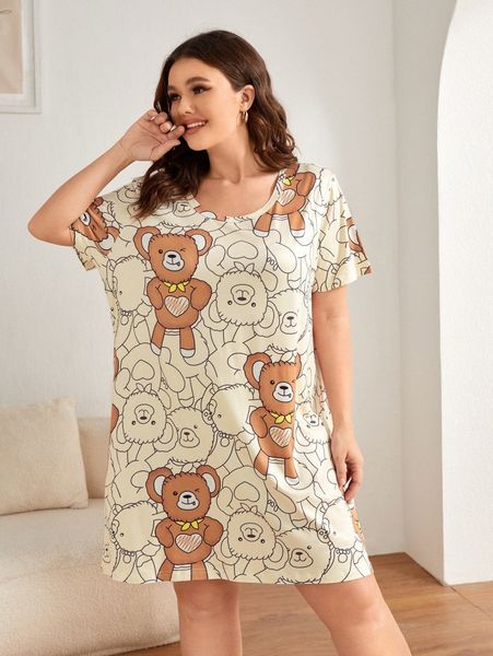 

plus heart & bear print nightdress r4ek#, Black;white