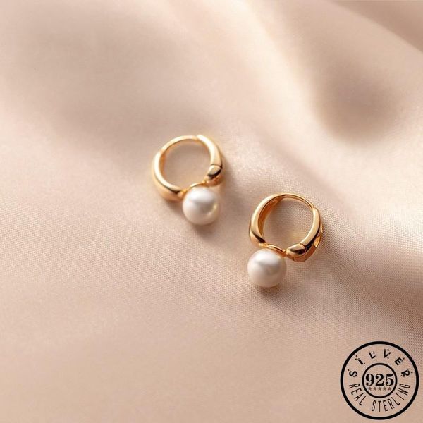 

hoop & huggie 925 sterling silver round white shell pearl earings rose gold color plated hoops earrings fine jewelry for women, Golden;silver