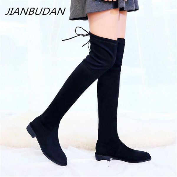 

boots jianbudan thigh high women's autumn shoes 2021 over the knee quality flock flat heel stretch, Black