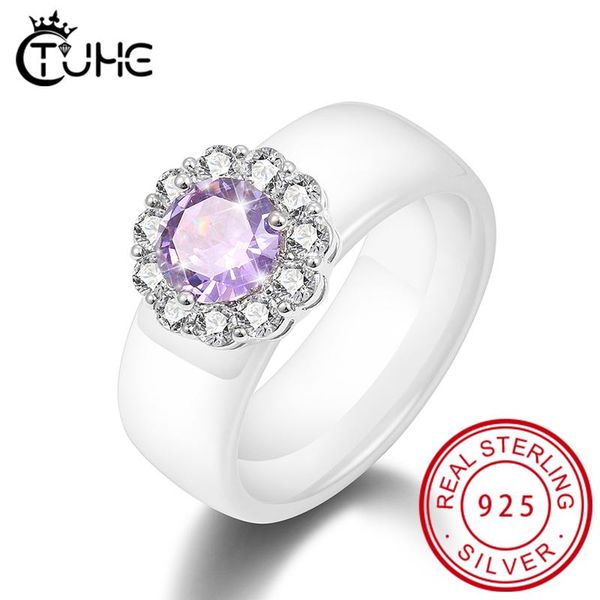 

cluster rings 925 sterling silver ceramic luxury purple crystal flower wedding for women circle gem healthy jewelry, Golden;silver