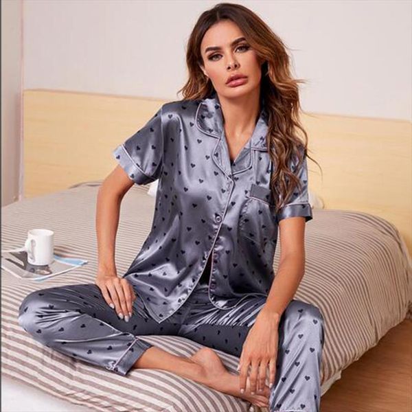 

silk satin pajamas set womens sleepwears short sleeve print shirt trouser bottoms pyjama homewear sleepwear pj sets, Black;red