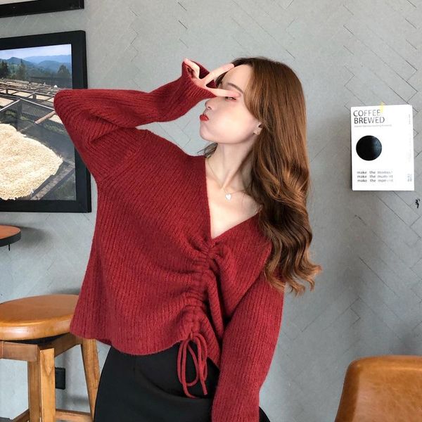 

women's sweaters autumn women and pullovers knitted v-neck pleated long-sleeved shirt korean style fashion ladies solid color blouse, White;black