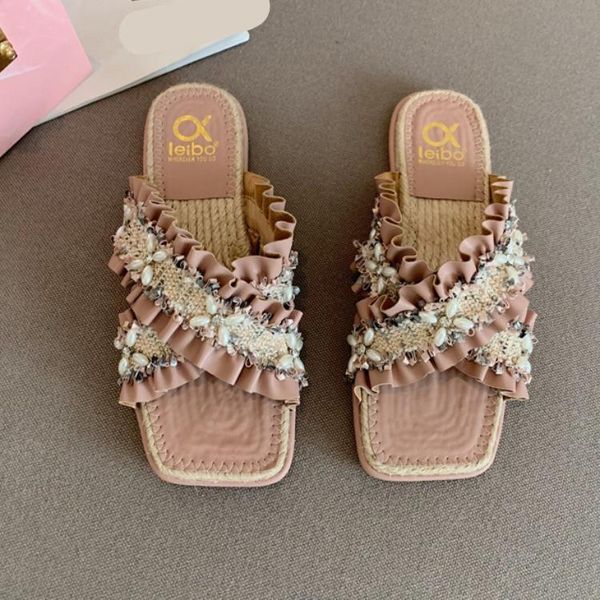 

slippers shoes woman 2021 soft string bead pantofle luxury slides low jelly flip flops comfort summer designer glitter rubbe, Black