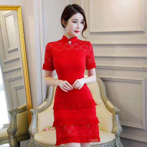 

novelty cupcake dress short women cheongsam elegant vintage stand collar qipao bride formal party banquet chinese skirt ethnic clothing, Red