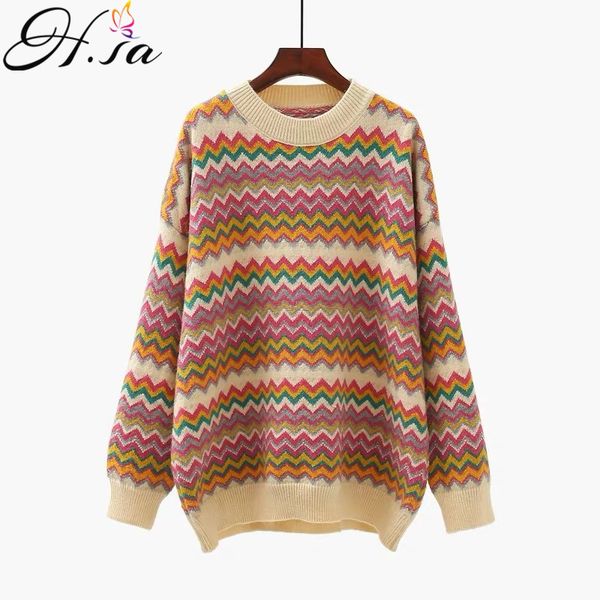 

h.sa winter striped sweaters for women casual knitwear rainbow wave colorful sweraters chick pullover femlae chic outerwear 210417, White;black