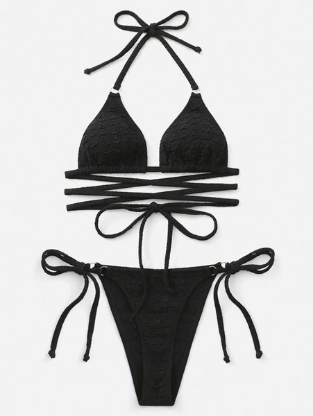 

lace up halter triangle bikini swimsuit 83b2#, White;black