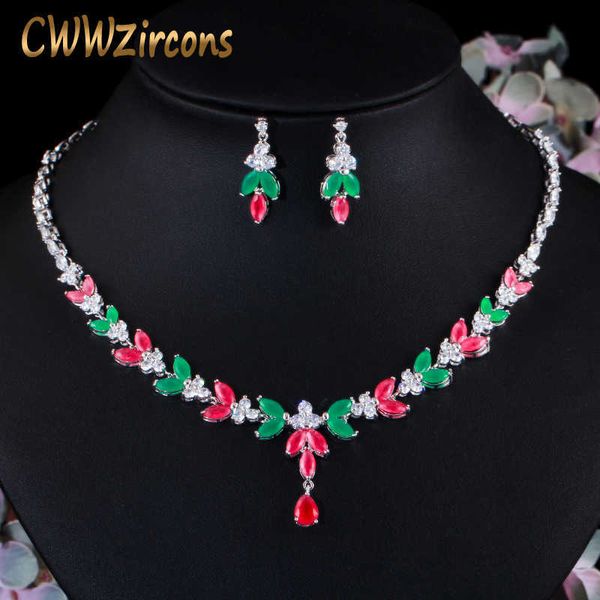 

elegant african green red cubic zirconia stone wedding jewellery set bridal necklace and earring costume jewelry t7 210714, Silver