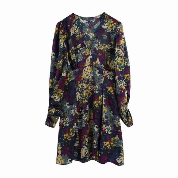 

vintage woman v neck floral printed a-line dress spring fashion ladies soft holiday mini es female seaside 210515, Black;gray