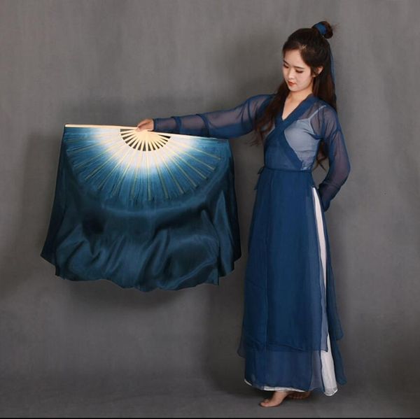 

white dark blue gradient silk veil chinese traditinal hand dye dance fan pairs two layer machine rolled adults 20 inches, Black;red