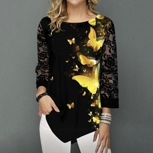 

spring fall women shirts casual irregular hem striped loose butterfly printed lace sleeve round neck women's blouses &, White