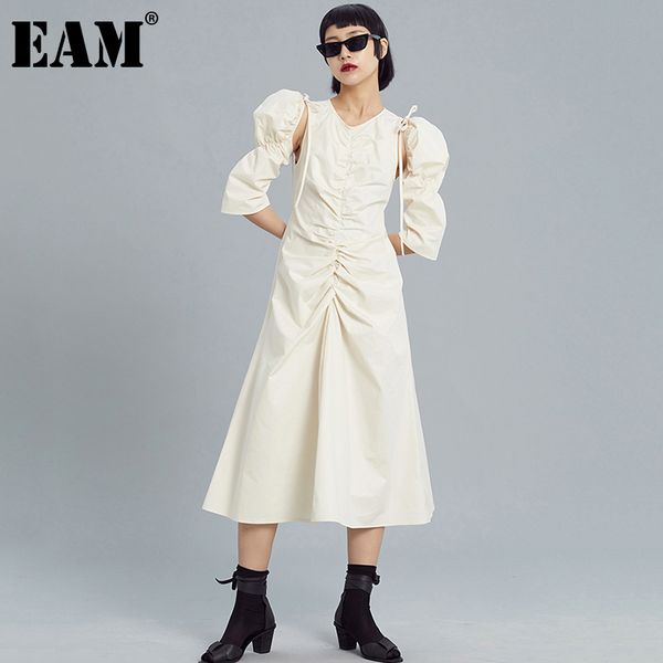 

[eam] women apricot pleated bandage long dress round neck long sleeve loose fit fashion spring autumn 1dd7789 210512, Black;gray