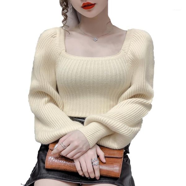 

winter girl women pullovers sweaters knitted square collar casual lantern sleeve basic bottom jumper women's, White;black