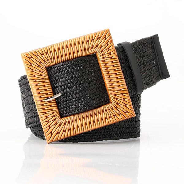 

belts women's belt straw wide square round pin buckle for women summer boho dress waistband multi color young ladies chain strap, Black;brown