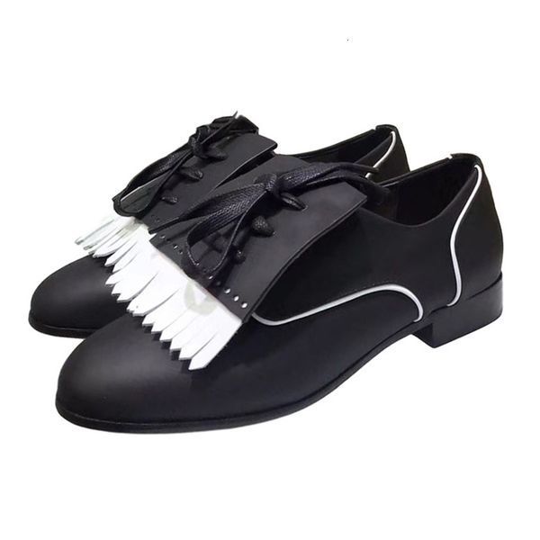 

sandals spring summer causal shoes woman fringe tassel decor british style slip on real leather lazy loafers retro zapatos mujer v, Black