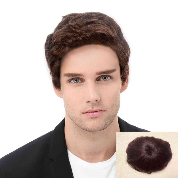 

men's hu hair wig, handmade, brown, soft, thin, super lace, monkey, pu, direct replacement system, Black