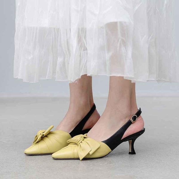 

sweet mixed colors bowtie genuine leather shoes pointed toe stiletto high heels fashion buckle slingback pumps l51 dress, Black