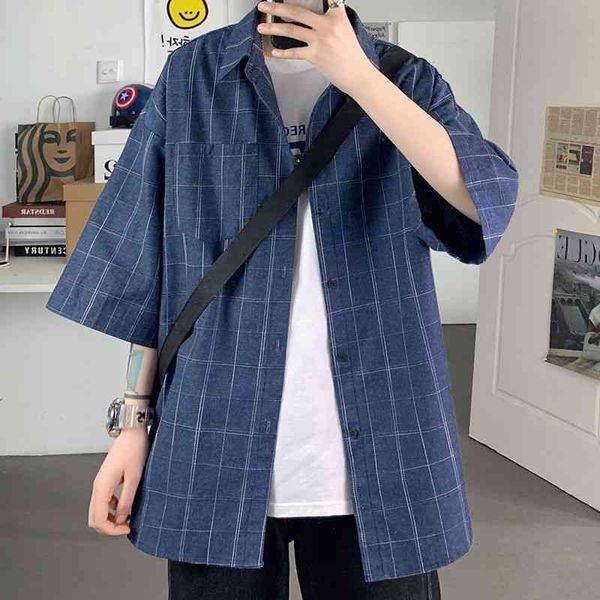 

men's casual shirts summer short-sleeved fashion retro men streetwear korean loose plaid mens dress -3xl u59v, White;black