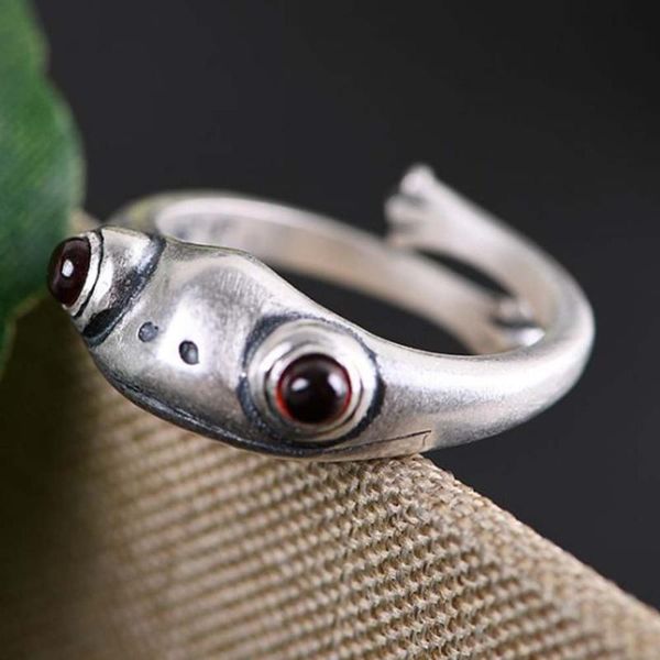 

cluster rings jade angel sterling silver red garnet frog ring handmade vintage open for women jewelry gift, Golden;silver