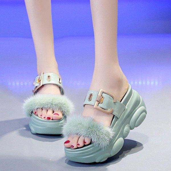 

slippers rimocy thick bottom furry slides for women summer 2021 fashion metal buckle platform sandals wedge shoes woman outdoor, Black