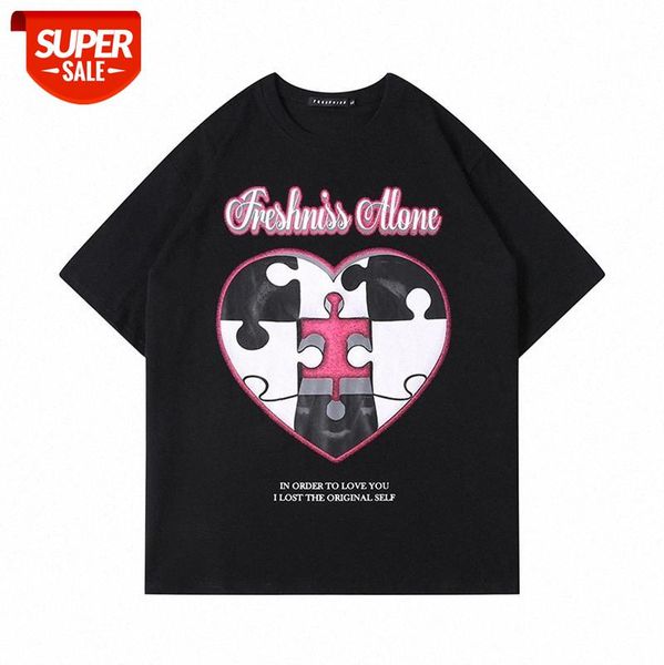 

spring and summer european american high street multicolor printed t-shirt loose fun creative peach heart puzzle print short-sleeved t #tj8w, White;black