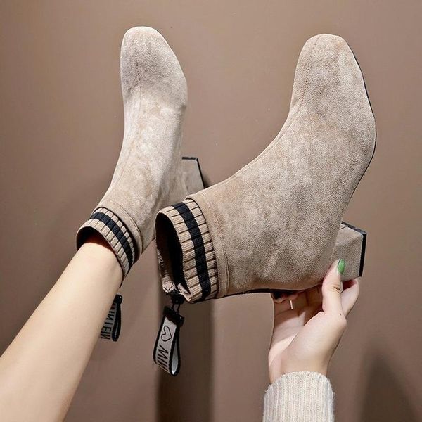 

boots 2021 winter short korean style suede thick heel socks women's shoes, Black