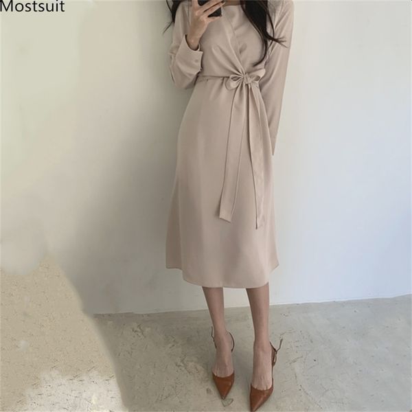 

autumn women long dress vintage elegant korean sleeve lace up bow tunic o-neck mid-calf party dresses 210513, Black;gray