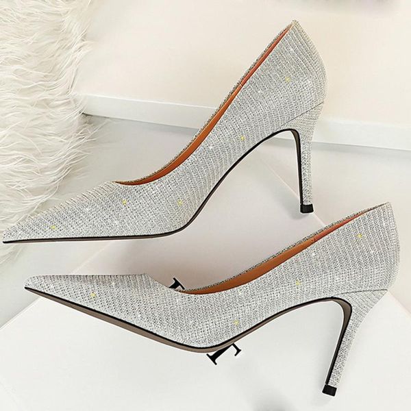 

dress shoes spring autumn vogue women bling 7.5cm thin high heels pumps sparkly pointed toe cinderella wedding plus size, Black