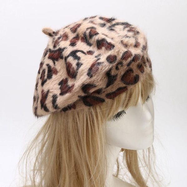 

berets fur hat women autumn winter sboy leopard print beanie artist painter cap elegant lady bonnet warm beret, Blue;gray
