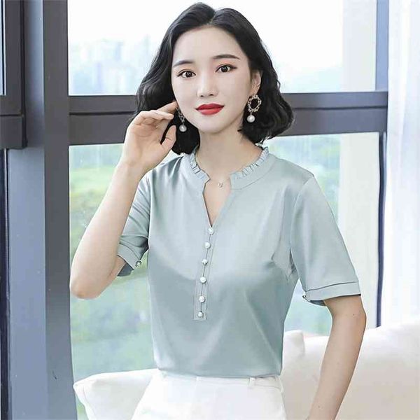 

korean silk women blouses shirt v-neck woman satin solid plus size blusas femininas elegante 210604, White