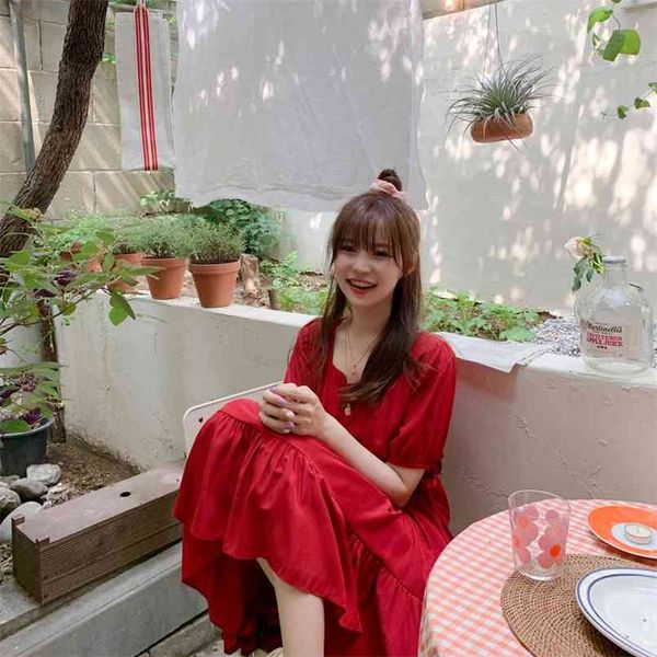 

plus size summer dress girls boho party solid female vintage yellow short sleeve women es red robe vestido 210423, Black;gray