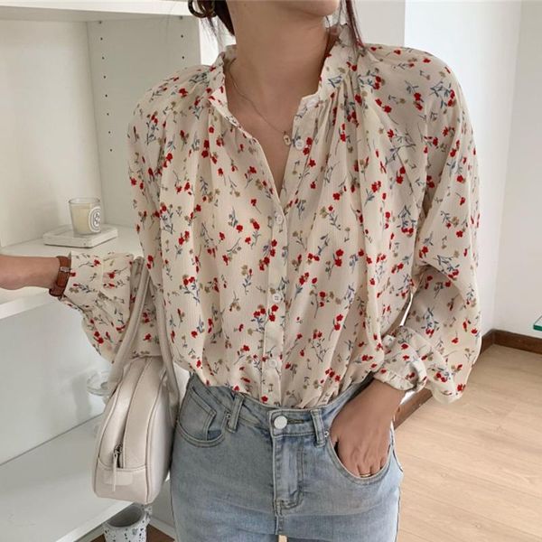 

women's blouses & shirts hzirip sweet florals vintage printing girls fashion femme ol autumn 2021 office lady chic gentle casual, White