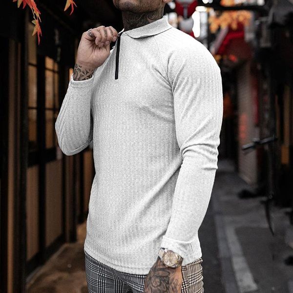 

men's polos male solid slim fit streetwear shirts spring and autumn casual daily long sleeve zipper outdoor clothing blusa, White;black