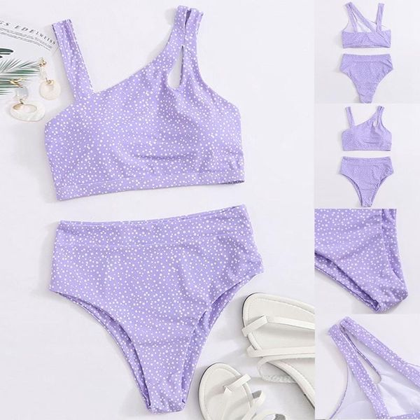 

women's swimwear print bikini 2-piece high waist split swimsuit purple, White;black