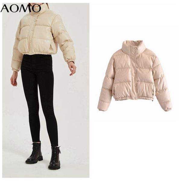 

women's down & parkas aomo 2021 winter women beige faux leather jacket coat oversized zipper female thick pu crop overcoat qn191a, Black