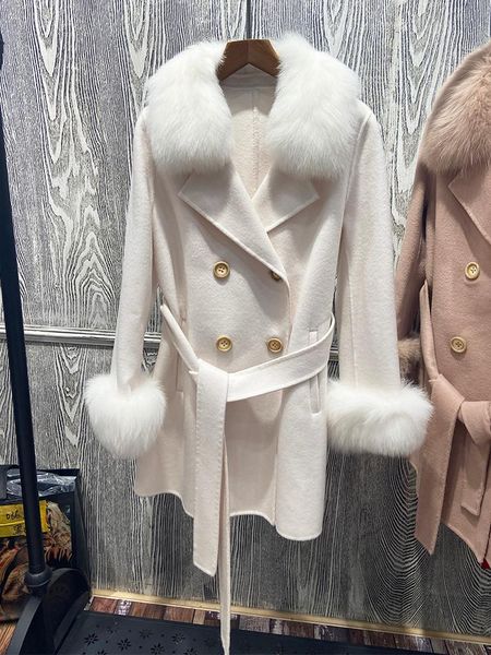 

women's wool & blends 2021 autumn female lady's 100% woolen overcoat fur collar and cuff remove women winter khaki slim belt mediu, Black