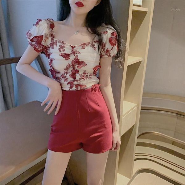 

fashion women summer slash neck short sleeve embroidery shirt and bodycon shorts sweet two piece sets outfit women's tracksuits, Gray