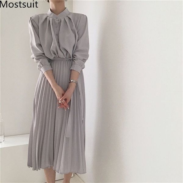 

autumn korean elegant women pleated dress long sleeve stand collar single-breasted belted dresses fashion solid vestidos 210513, Black;gray